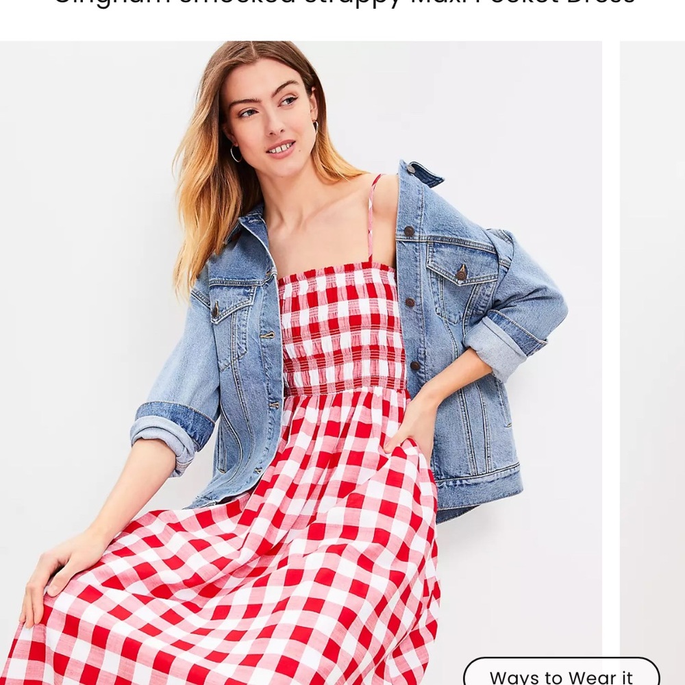 Loft Gingham Smocked Strappy Maxi Pocket Dress